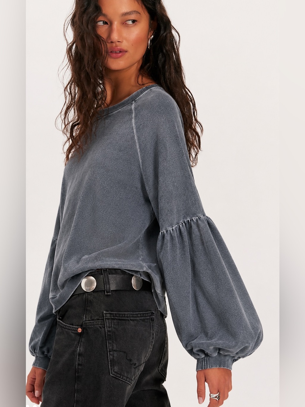 Boutique Mineral Wash Puff Sleeve Sweatshirt Gray Oversized Women’s Top